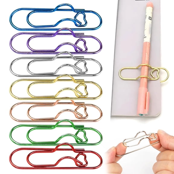 7 Pack Heart Paper Clips, Pen Holder for Notebook, 7 Colorful Pen Clip for Notebook, Heart Metal Paperclip Pen Holder Clip and Papers Journal Planner, Planner Accessories