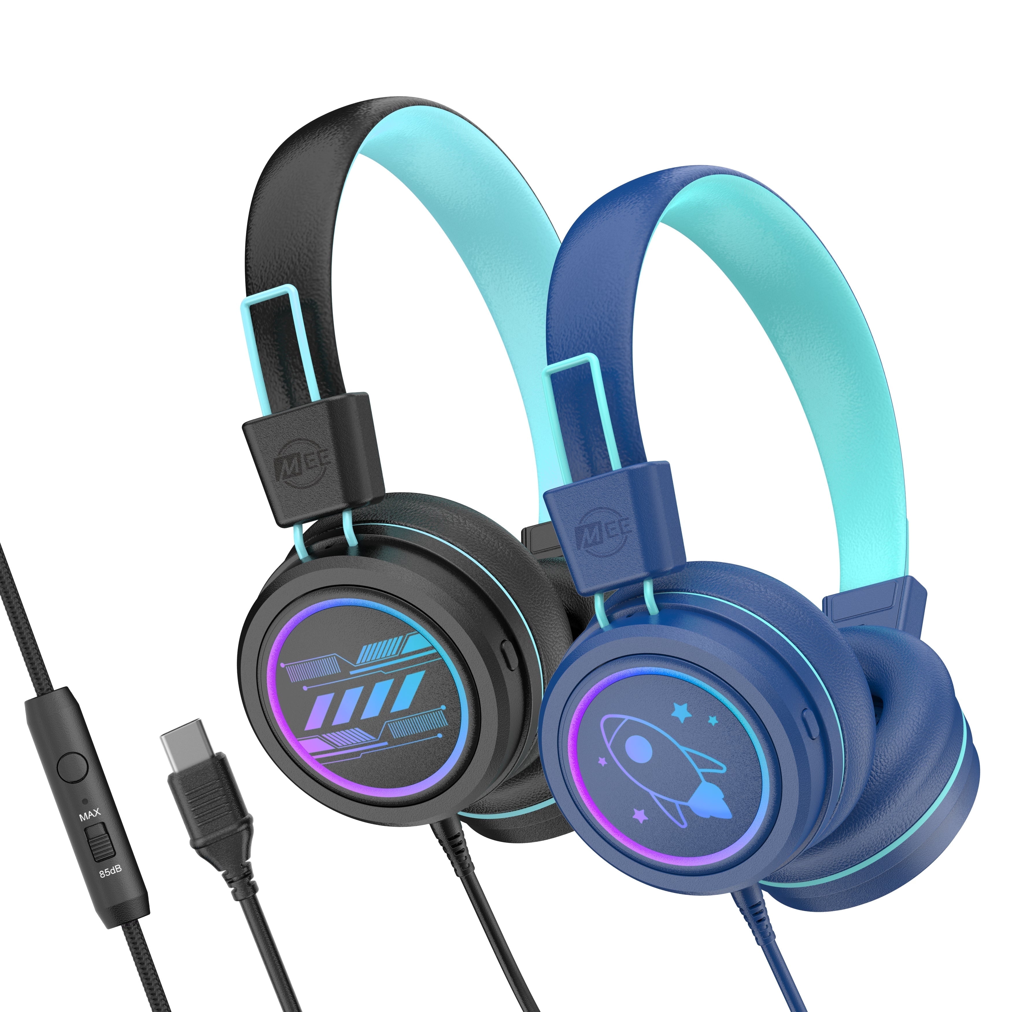 2 Pack Multicolor MEE audio KidJamz KJ55 Safe Listening USB-C Kids Headphones with LED Lights for Boys and Girls / Students / School / Library / Classroom