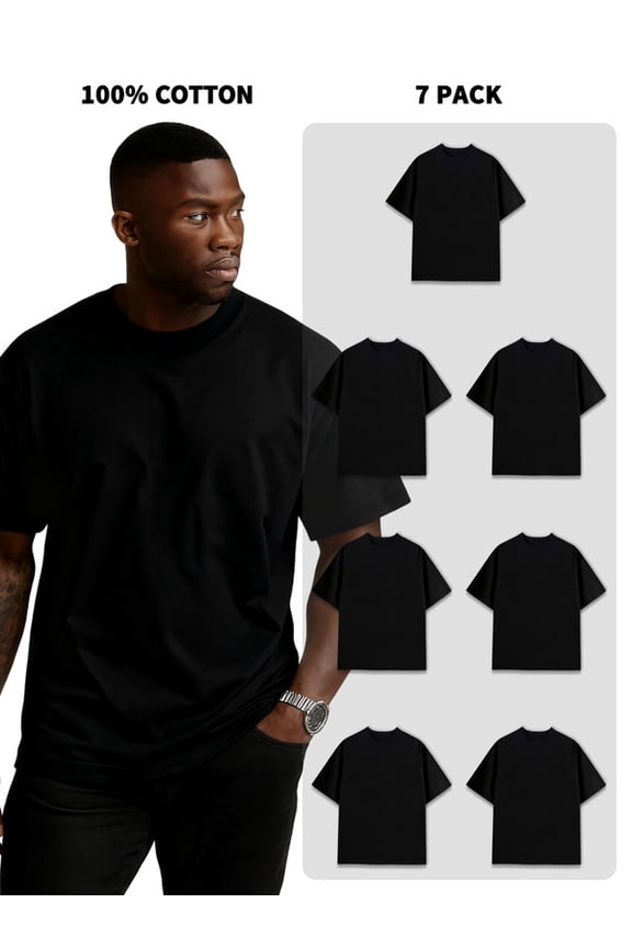 7-Pack Men's 100% Cotton Crew Neck Short-Sleeve T-Shirts, 180g, 1.5% Shrinkage Rate, Bulk