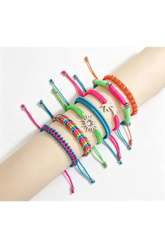 7 Pack Neon Boho Braided Bracelets, Adjustable Tropical Palm Sun Charm String Bracelet Set, Suitable for Beach Vacation Summer Jewelry