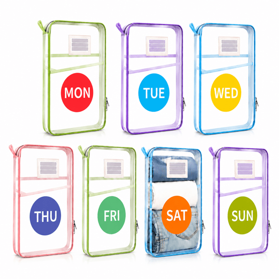 7 Pack Packing Cubes for Travel Days of Week Packing Cubes with Labels Clear Zippered Storage Bag for Travel Summer Camp Essentials