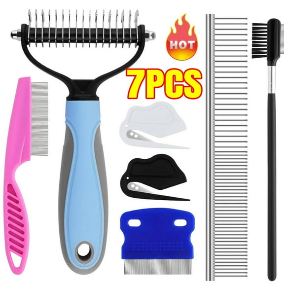 7 Pack Pets Grooming Brush Comb Kit,Double-Side Deshedding Dematting Dog Brush,Undercoat Rake for Dogs & Cats