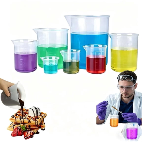 7 Pack Plastic Graduated Beakers Set, Clear Measuring Beaker With Spout, Multi-Size Lab Liquid Container For Kitchen Cooking, Science Experiment, Baking Mixing