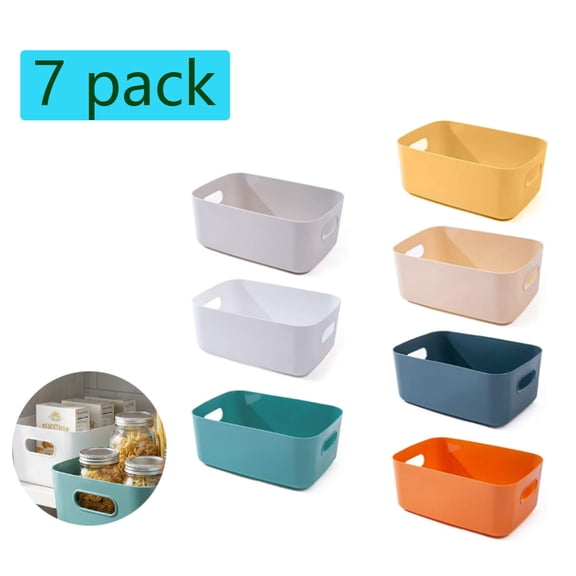 7 Pack Plastic Storage Bins and Baskets, Small Organizer Bins with Handles for Kitchen, Bathroom, Classroom, and Shelves, Multi-Color Set