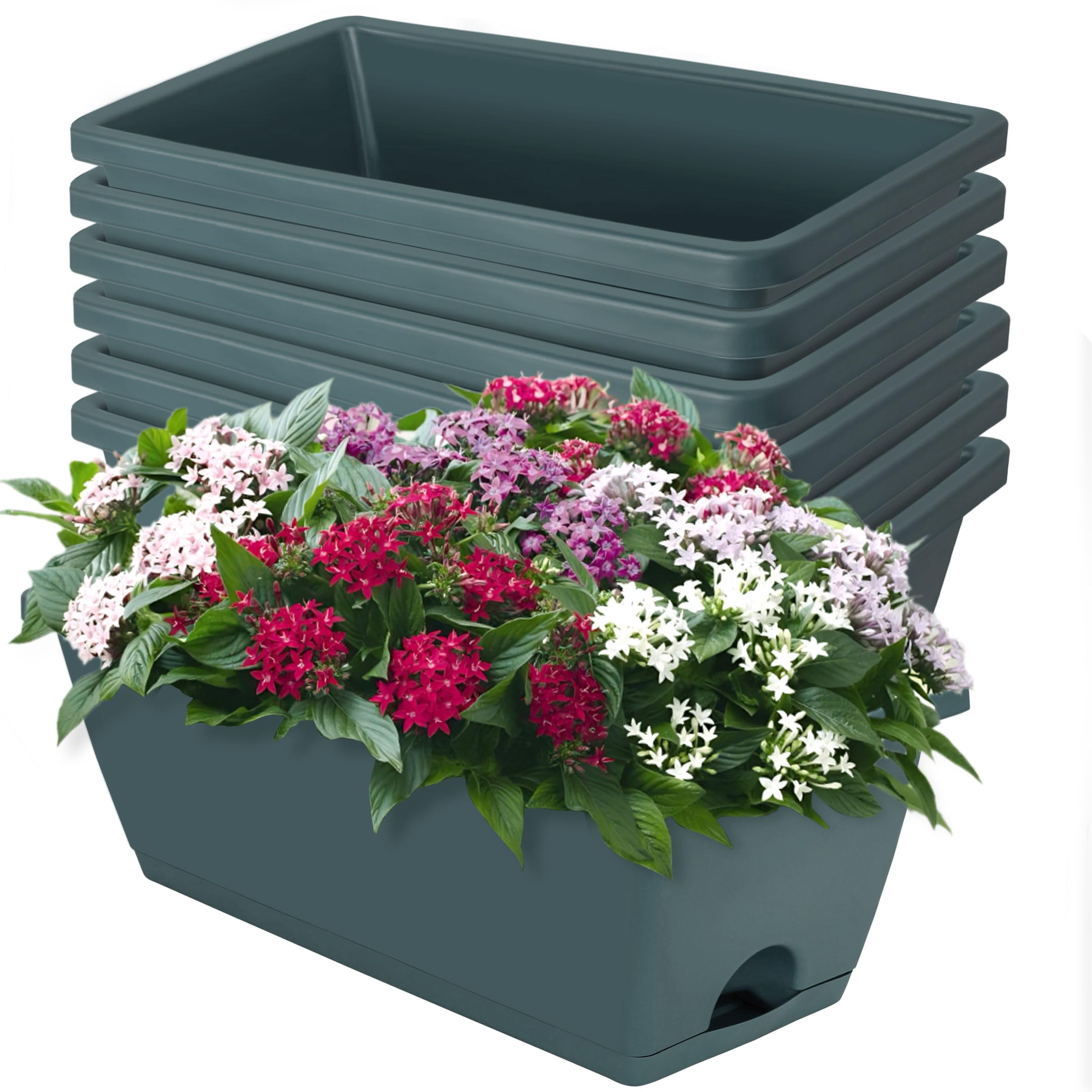 7-Pack Plastic Window Box Planters 17 Inch Rectangular Flower Pots with Saucers for Indoor Outdoor Garden Patio Home Decor