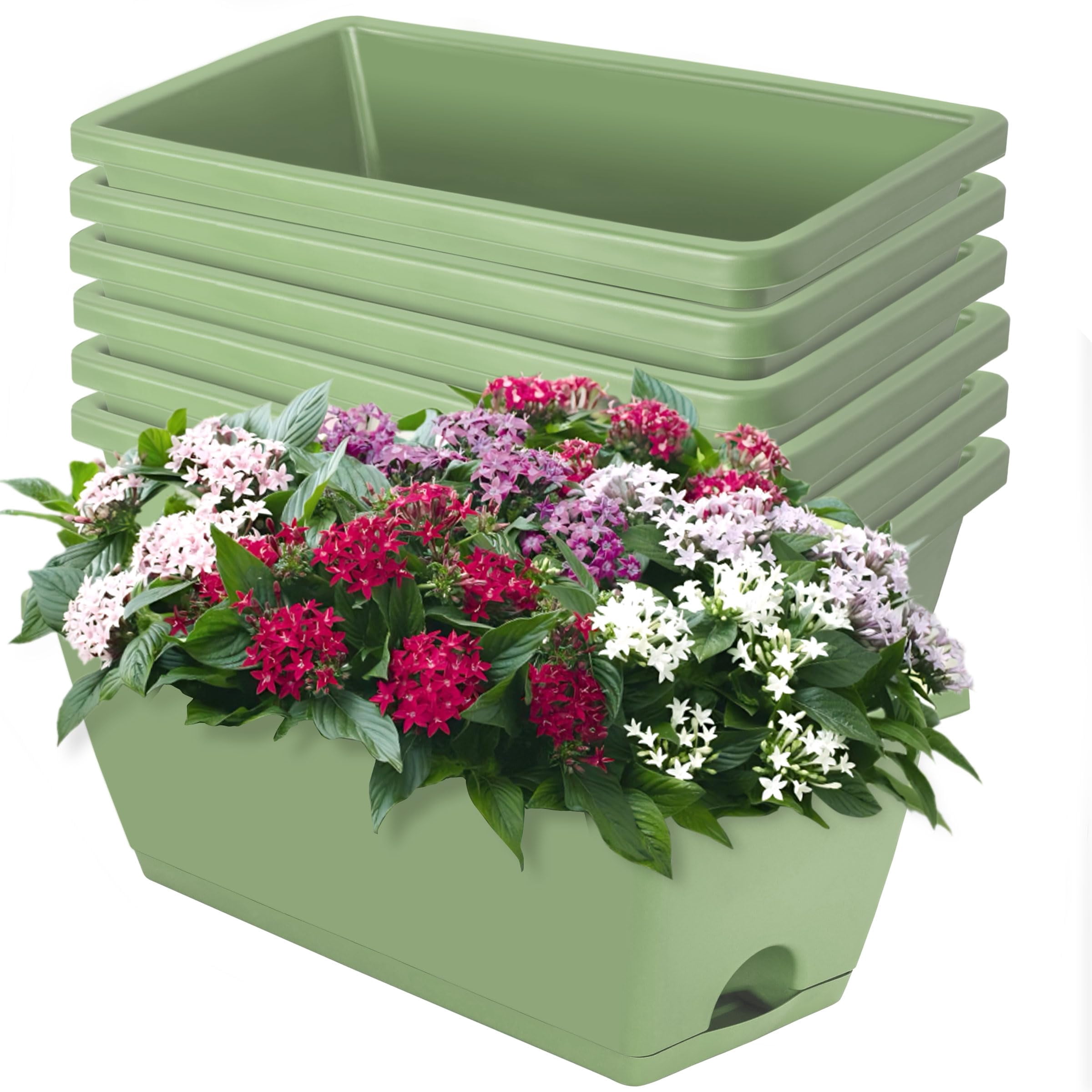 7-Pack Plastic Window Box Planters 17 Inch Rectangular Flower Pots with Saucers for Indoor Outdoor Garden Patio Home Decor