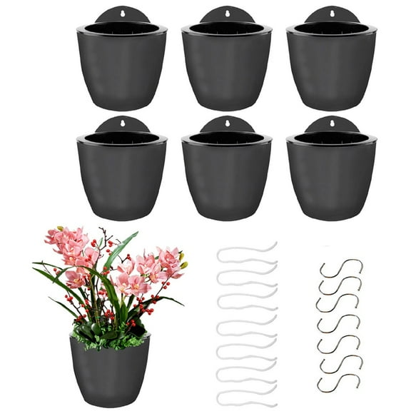 7 Pack Self-Watering Flower Pot, Black Wall Hanging Plastic Planter with Removable Basket Cotton Rope and Hooks for Indoor Garden, Large