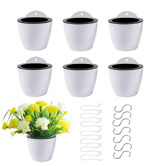 7 Pack Self-Watering Flower Pot, Wall Hanging Plastic Planter with Removable Basket Cotton Rope and Hooks for Indoor Garden, White, Small