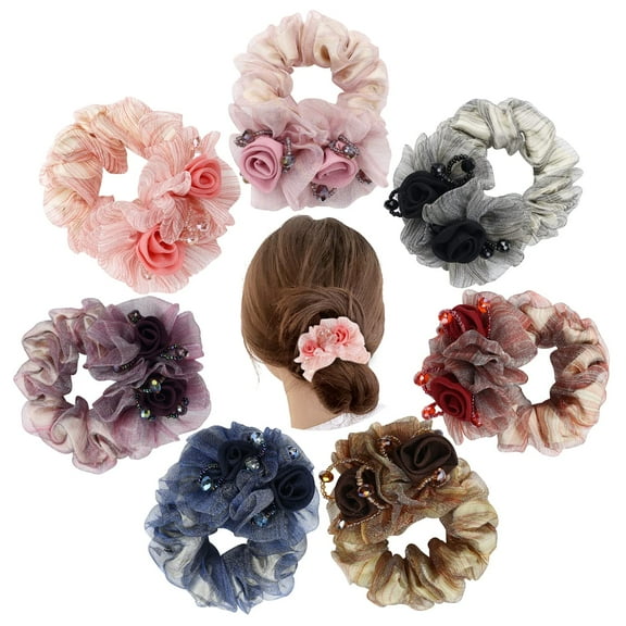 7 Pack Sparkly Crystals Pearls Rose Flower Lace Hair Scrunchies Ties Elastics Bands Rubber Hairbands Ponytail Holders Floral Headbands Fancy Decorative Accessories for Women Girls Thick Hair
