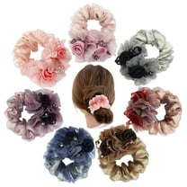 7 Pack Sparkly Crystals Pearls Rose Flower Lace Hair Scrunchies Ties Elastics Bands Rubber Hairbands Ponytail Holders Floral Headbands Fancy Decorative Accessories for Women Girls Thick Hair