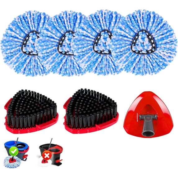 7 Pack Spin Mop Head for O-Ceda RinseClean 2 Tank System, 4 Triangle Microfiber Mop Replacement Refills, 2 Upgraded Scrub Brush & Base Head Deep Clean Mop Head for Home Office Bathroom