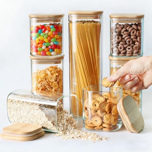7 Pack Square Glass Storage Containers with Lids, Multi-Size Canisters Sets for the Kitchen & Pantry food storage jar  Ideal for Storing Pasta, Cereal, Flour, Sugar, Nuts, Coffee Beans & More