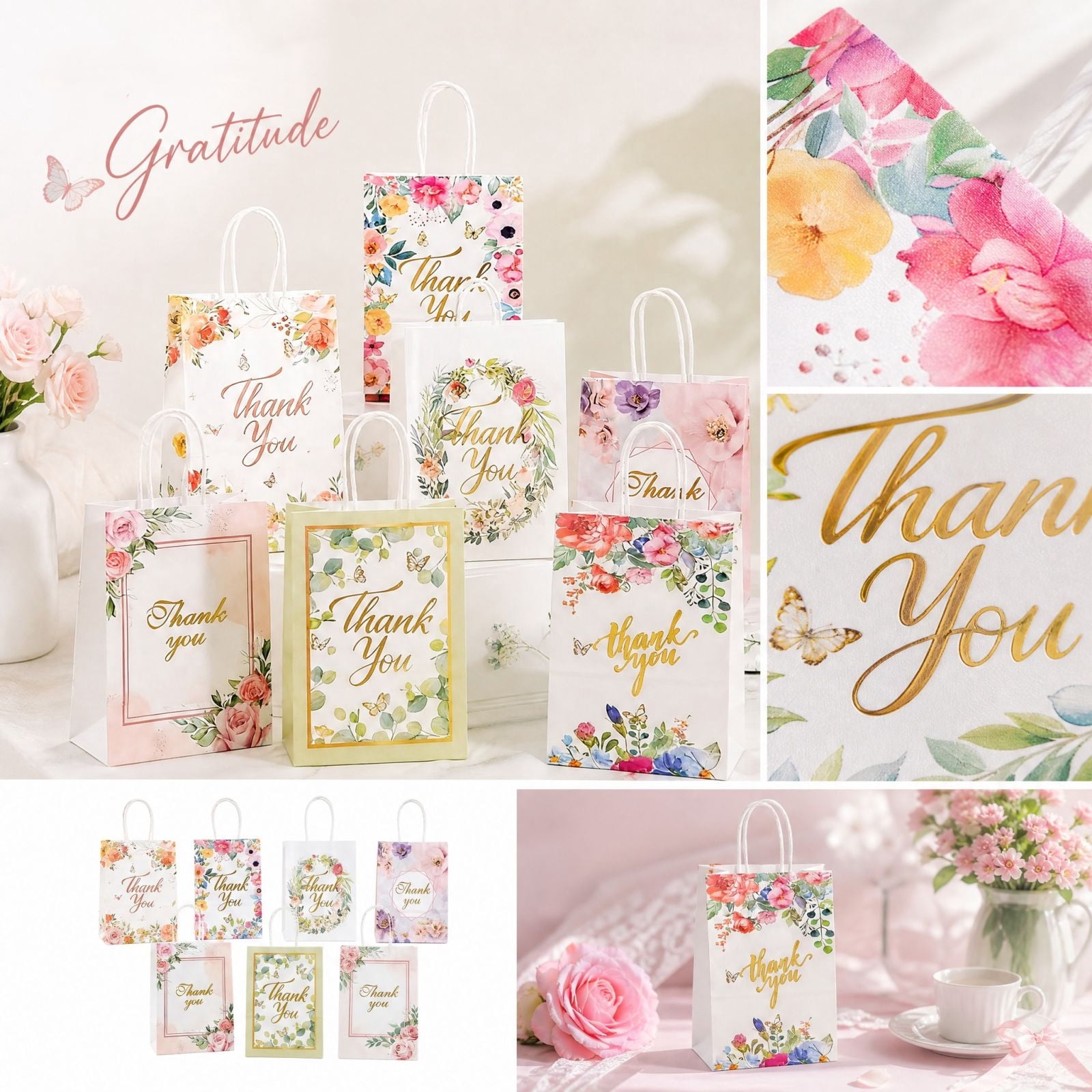 Spring Paper Toy 7-Pack Thank You Gift Bags with Spring Floral Double-Sided Print and ...