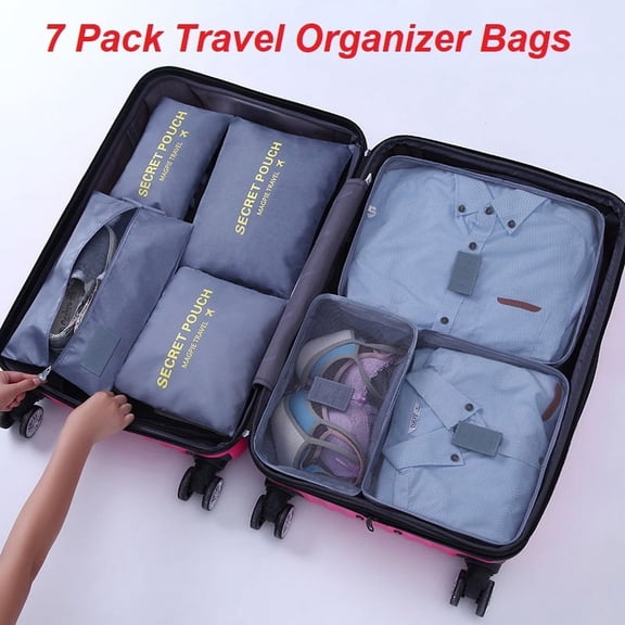 7 Pack Travel Organizer Bags, Lightweight Travel Packing Cubes Luggage Storage Organizers Bag with Shoe Bag, Gray