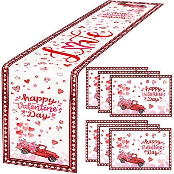 7 Pack Valentines Decoration Sets Valentines Day Table Runner and Placemats Heart Rose Truck Table Covers Love Tablecloth Setting Decor for Wedding Party Anniversary Sweetest Day Home Dinner Supplies