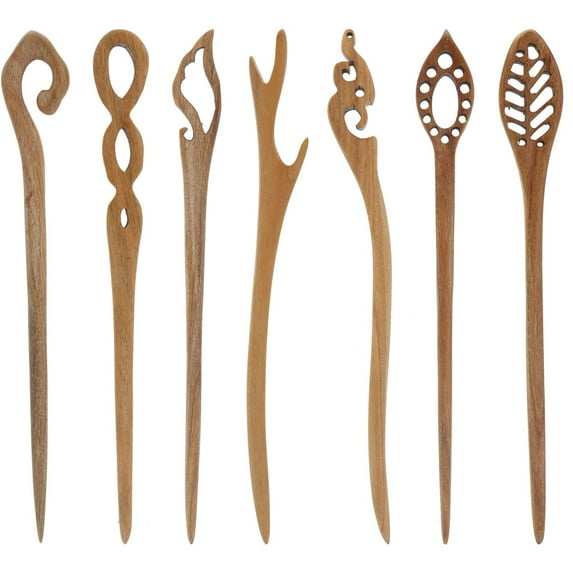 7 Pack Vintage Retro Handmade Ancient Chinese Japanese Brown Wooden Hair Sticks Chopsticks Hair Pins Picks Wood Sandalwood Carved Smooth Long Horn Fork Pen Hairpins Clips for Bun Chignon Holder