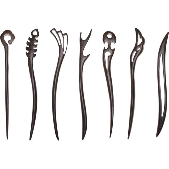 7 Pack Vintage Retro Handmade Ancient Chinese Japanese Brown Wooden Hair Sticks Chopsticks Hair Pins Picks Wood Sandalwood Carved Smooth Long Horn Fork Pen Hairpins Clips for Bun Chignon Holder