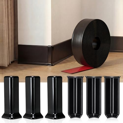 7 Pack Vinyl Baseboard Molding Kit, 4 Inch x 32.8 Feet Peel and Stick Flexible Rubber Wall Base Trim, Includes 3 Inside & 3 Outside Corner Blocks, for Walls, Floors, Bathroom, Cabinet