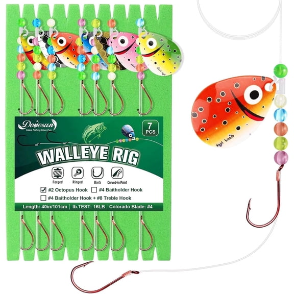 7 Pack Walleye Crawler Harness 16lb Spinner Rigs with #2 Octopus Hooks for Trolling & Drift