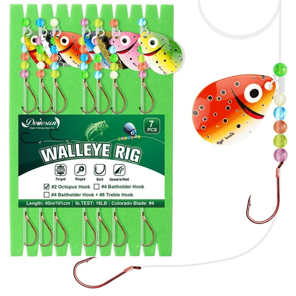 7PCS Walleye Crawler Harness 16lb Spinner Rigs with #2 Octopus Hooks for Trolling & Drift