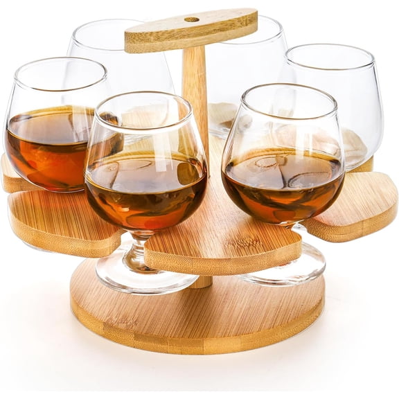 7 Pack Whiskey Flight Tasting Set, Bamboo Beer Flight Serving Tray with Handle and 6 Small Brandy Snifters, Gifts for Men and Home Bar