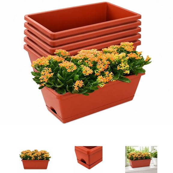 7 Pack Window Box Planters, Rectangular Plastic Flower Pots with Saucers, Indoor Outdoor Vegetable & Flower Planter Boxes for Garden, Patio, Balcony & Home Décor
