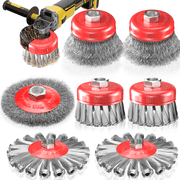 7 Pcs Wire Wheel Brush Set for 4-1/2 inch Angle Grinder, 3"+4" Knotted & Crimped Cup/Wheel Brushes, 5/8"-11 UNC Threaded Arbor, Heavy Duty Carbon Steel for Rust, Paint, Corrosion & Weld Spatter