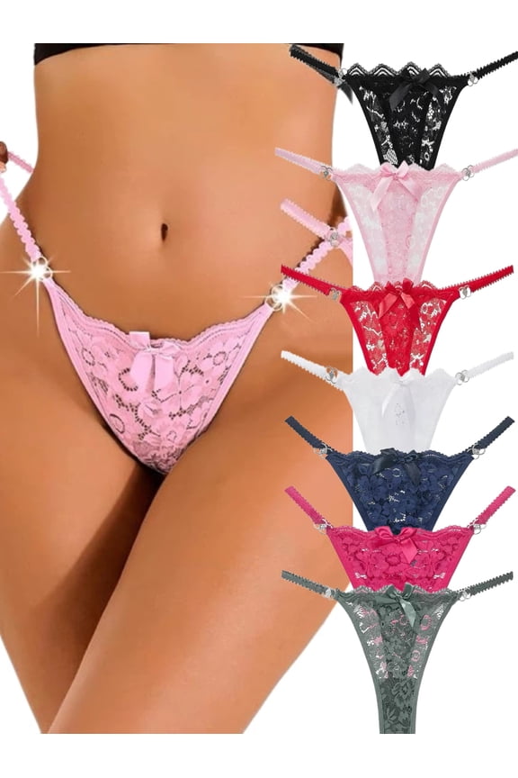 7 Pack Women G-String Thongs T-back Lace Hollow Out Low Waist Thongs Floral Breathable Cheeky Underwear Panties