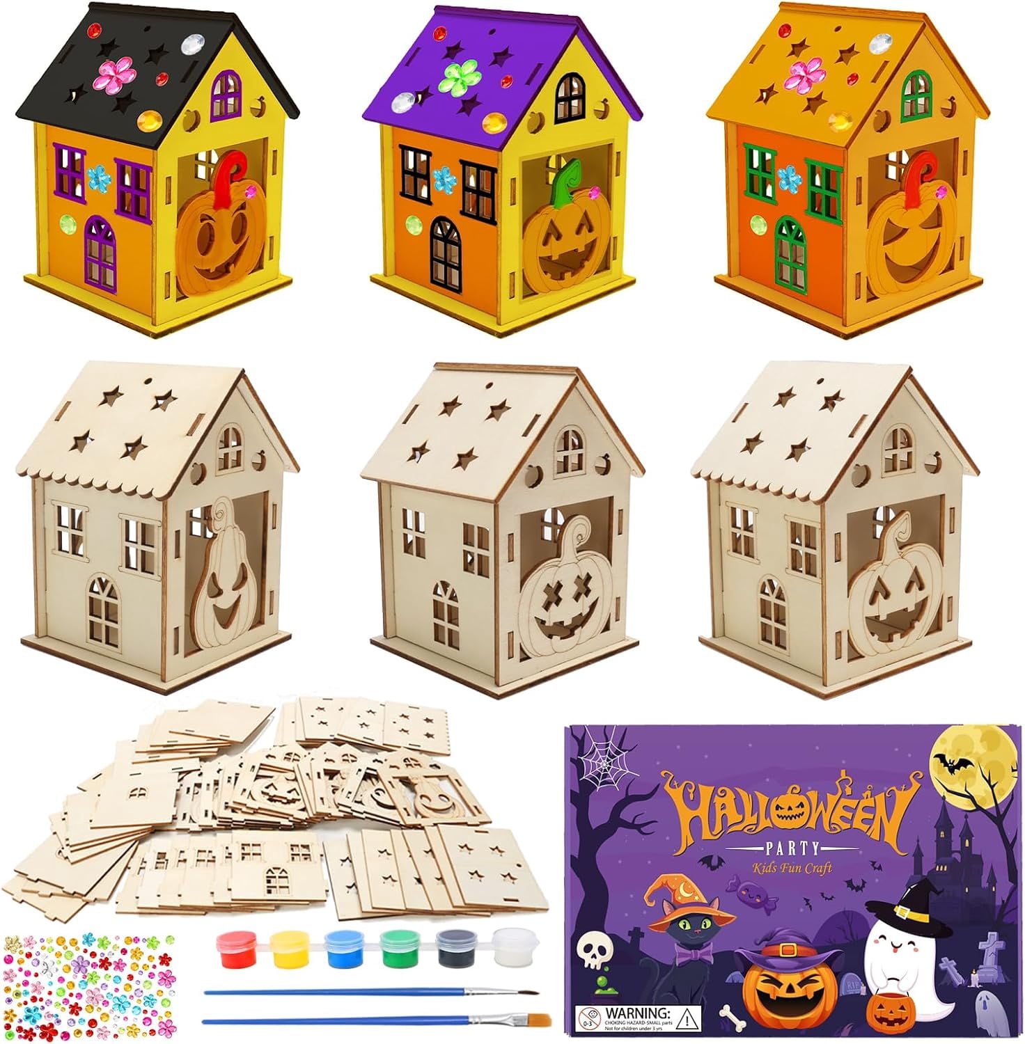 7 Pack Wooden Pumpkin House Craft for Kids Make You Own 3D Halloween