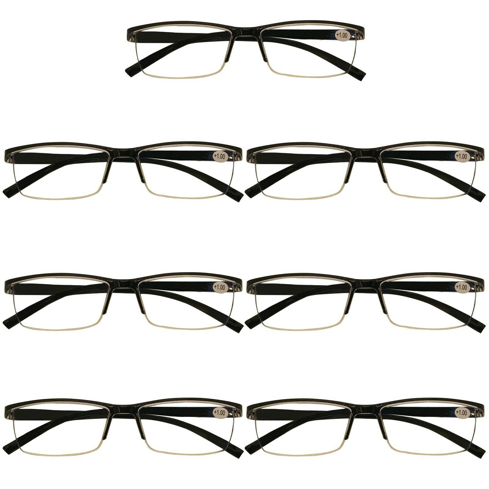 7 Packs Mens Rectangle Half Frame Reading Glasses Blue Light Blocking Black Spring Hinge Readers +1.75