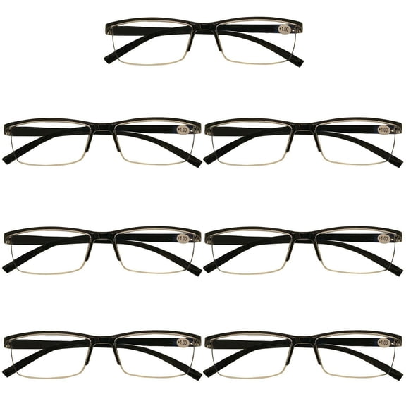 7 Packs Mens Rectangle Half Frame Reading Glasses Blue Light Blocking Black Spring Hinge Readers +1.75