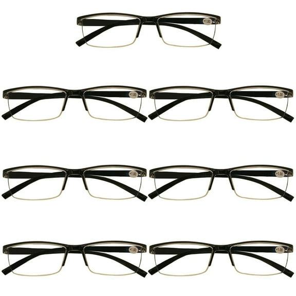 7 Packs Mens Rectangle Half Frame Reading Glasses Blue Light Blocking Black Spring Hinge Readers +2.25