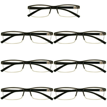 7 Packs Mens Rectangle Half Frame Reading Glasses Blue Light Blocking Black Spring Hinge Readers +3.00