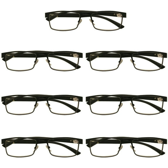 7 Packs Mens Rectangle Metal Frame Reading Glasses Black Spring Hinge Readers +2.25