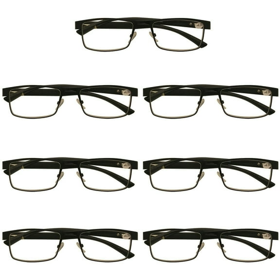 7 Packs Mens Rectangle Metal Frame Reading Glasses Black Spring Hinge Readers +2.50
