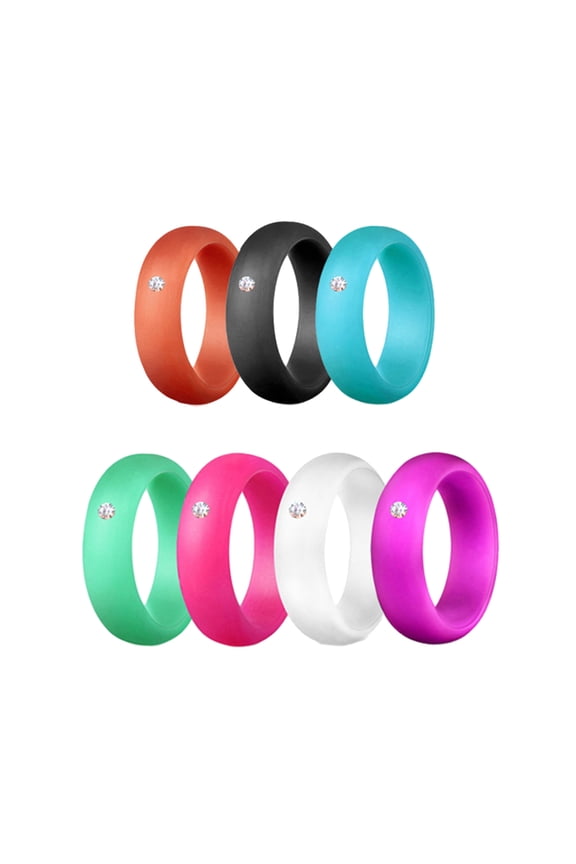 7 Packs Silicone Wedding Ring for Women Rubber Wedding Band Sets Thin Silicone Stacking Rings with Zircon Inlay 5.5mm Wide Size 6-10 - SIZE 6