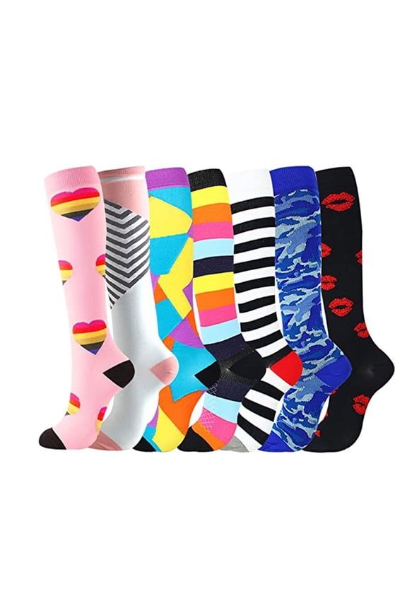 7 Pair Compression Socks Pack, Patterned Sports Compression Socks for Men and Women, Calf Support Socks for Running, Cycling, Hiking, Soccer, Ski, Gym Workout and Outdoor Activities-Multicolor