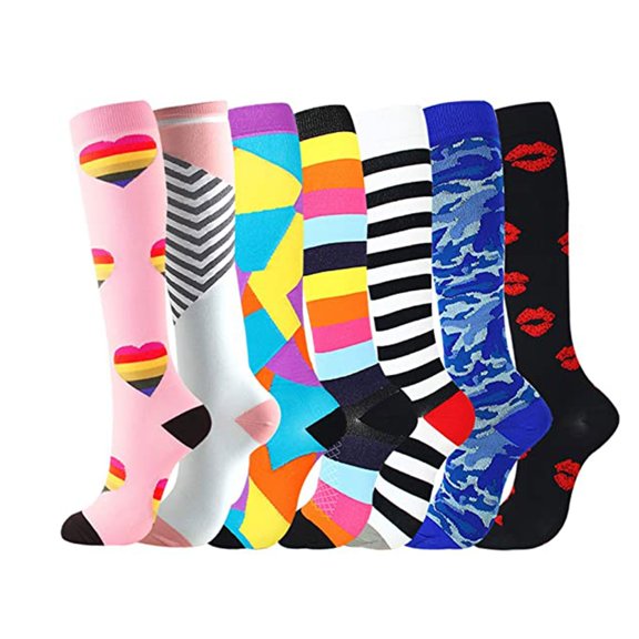 7 Pair Compression Socks Pack, Patterned Sports Compression Socks for Men and Women, Calf Support Socks for Running, Cycling, Hiking, Soccer, Ski, Gym Workout and Outdoor Activities-Multicolor