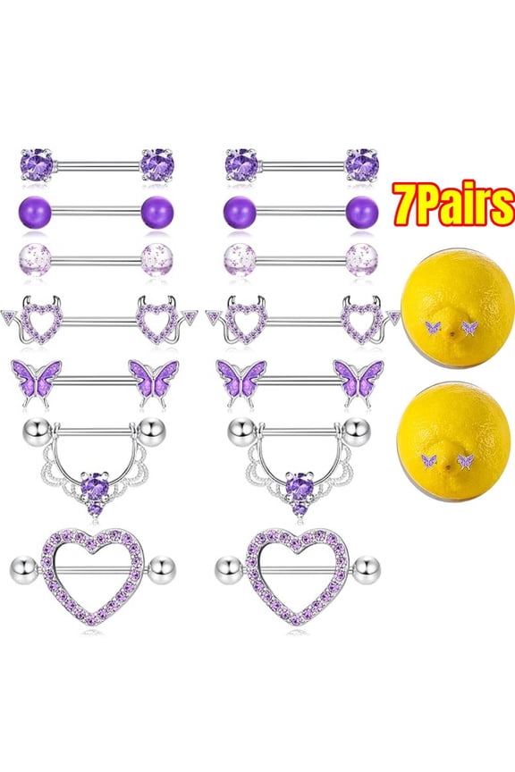 7 Pairs 14G Nipple Rings Surgical Steel Nipple Piercing CZ Heart Butterfly Barbell Tongue Rings Set Cute Nipple Tongue Piercing Jewelry