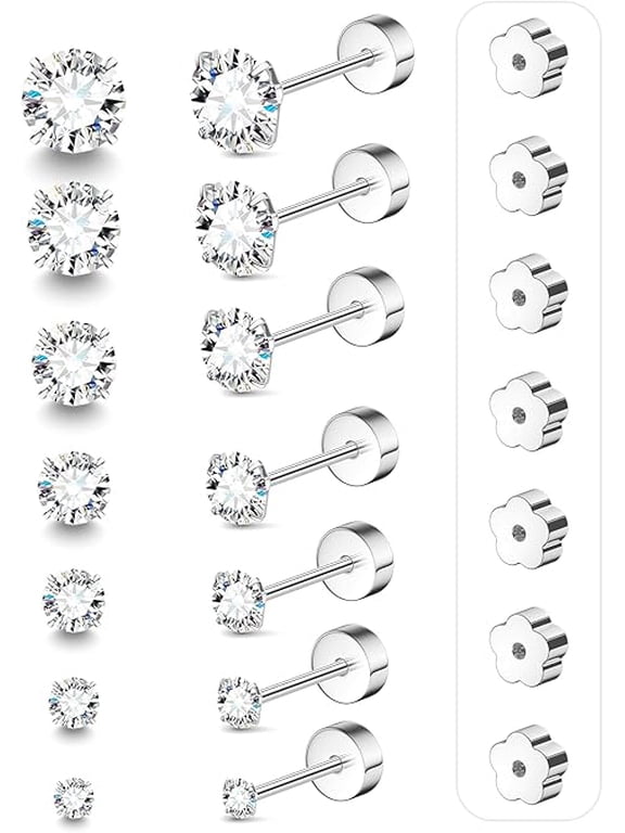 7 Pairs 20G Flat Back Stud Earrings for Women Men Hypoallergenic 14K Gold Plated Surgical Steel Stack Cartilage Earrings for Multiple Piercing Sensitive Ears Bonus Plum Blossom FlatBack Studs CZ