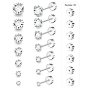 AMASIS 316L Stainless Steel 20G Flat Back Stud Earrings, 7 Pairs CZ Screw Back Set, 2 8mm, for Adults