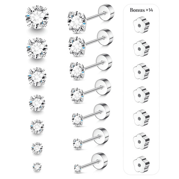 AMASIS 316L Stainless Steel 20G Flat Back Stud Earrings, 7 Pairs CZ Screw Back Set, 2–8mm, for Adults