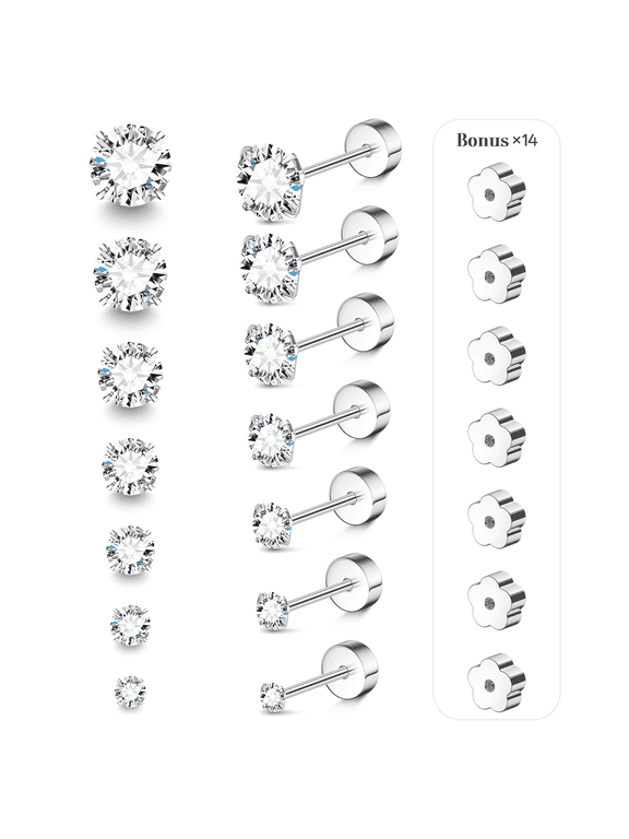 316L Stainless Steel 20G Flat Back Stud Earrings, 7 Pairs CZ Screw Back Set, 2–8mm, for Adults