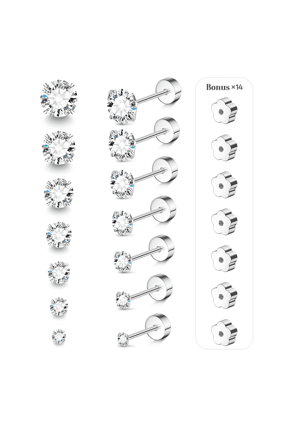 316L Stainless Steel 20G Flat Back Stud Earrings, 7 Pairs CZ Screw Back Set, 2–8mm, for Adults
