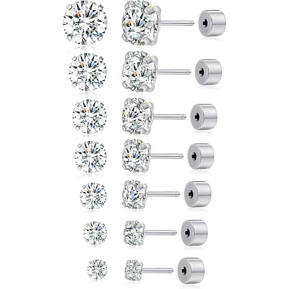 7 Pairs 20G Threadless Flat Back Earrings Stud Stainless Steel Round CZ Stud Earrings Set Cartilage Earring Tragus Helix Push in Earring Piercing Jewelry For Men Women 2MM-8MM Silver Tone