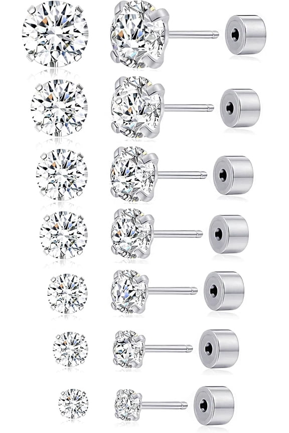 7 Pairs 20G Threadless Flat Back Earrings Stud Stainless Steel Round CZ Stud Earrings Set Cartilage Earring Tragus Helix Push in Earring Piercing Jewelry For Men Women 2MM-8MM Silver Tone