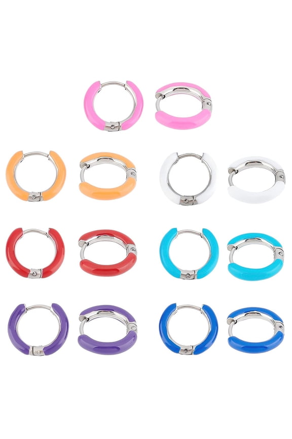 7 Pairs 7 colors 304 Stainless Steel Chunky Huggie Hoop Earrings with Enamel for Women Mixed color 10 Gauge 15~16x2.5mm Pin: 1mm 1Pair/color
