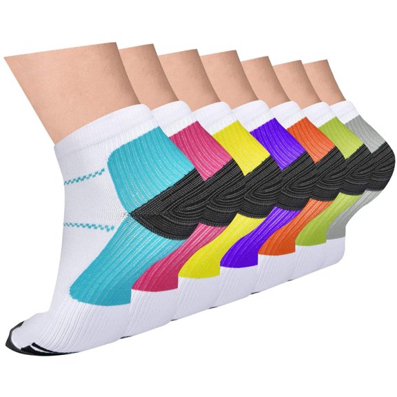 7 Pairs Ankle Compression Socks for Men & Women Athletic Compression Socks for Running, Gym, Travel Moderate Support, Moisture Wicking S/M, Multicolor