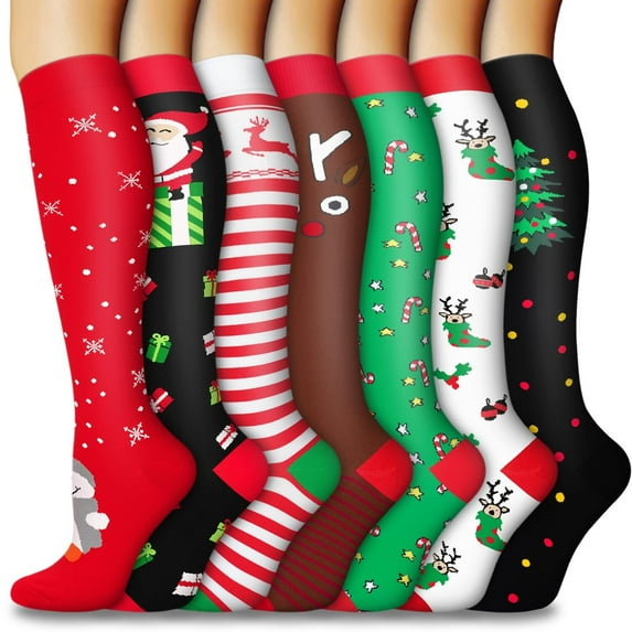 7 Pairs Christmas Compression Socks for Men & Women 15-20 mmhg Graduated Athletic for Running Nurses Shin Splints Flight Travel