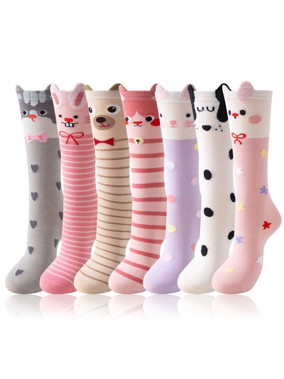 7 Pairs Kids Girls Knee High Socks Gift Long Crazy Silly Tall Funny Boot Cute Animal Child Fun Socks